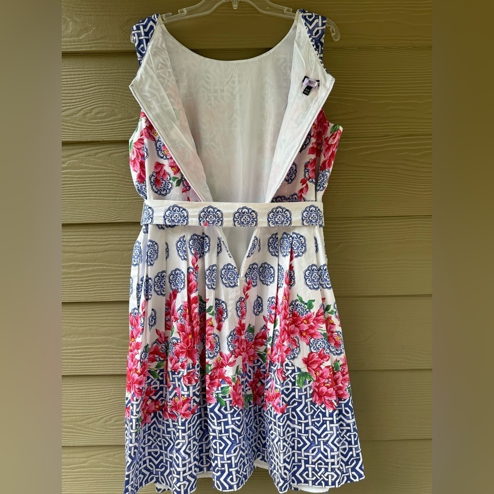 TALBOTS Mosaic Floral Sateen Pink Blue Cotton Stretch Fit & Flare Dress Sz 16WP - Picture 10 of 15